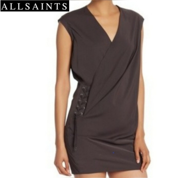 ALLSAINTS AURES Front Lace Mini Dress Olive Green Satin - Picture 1 of 16